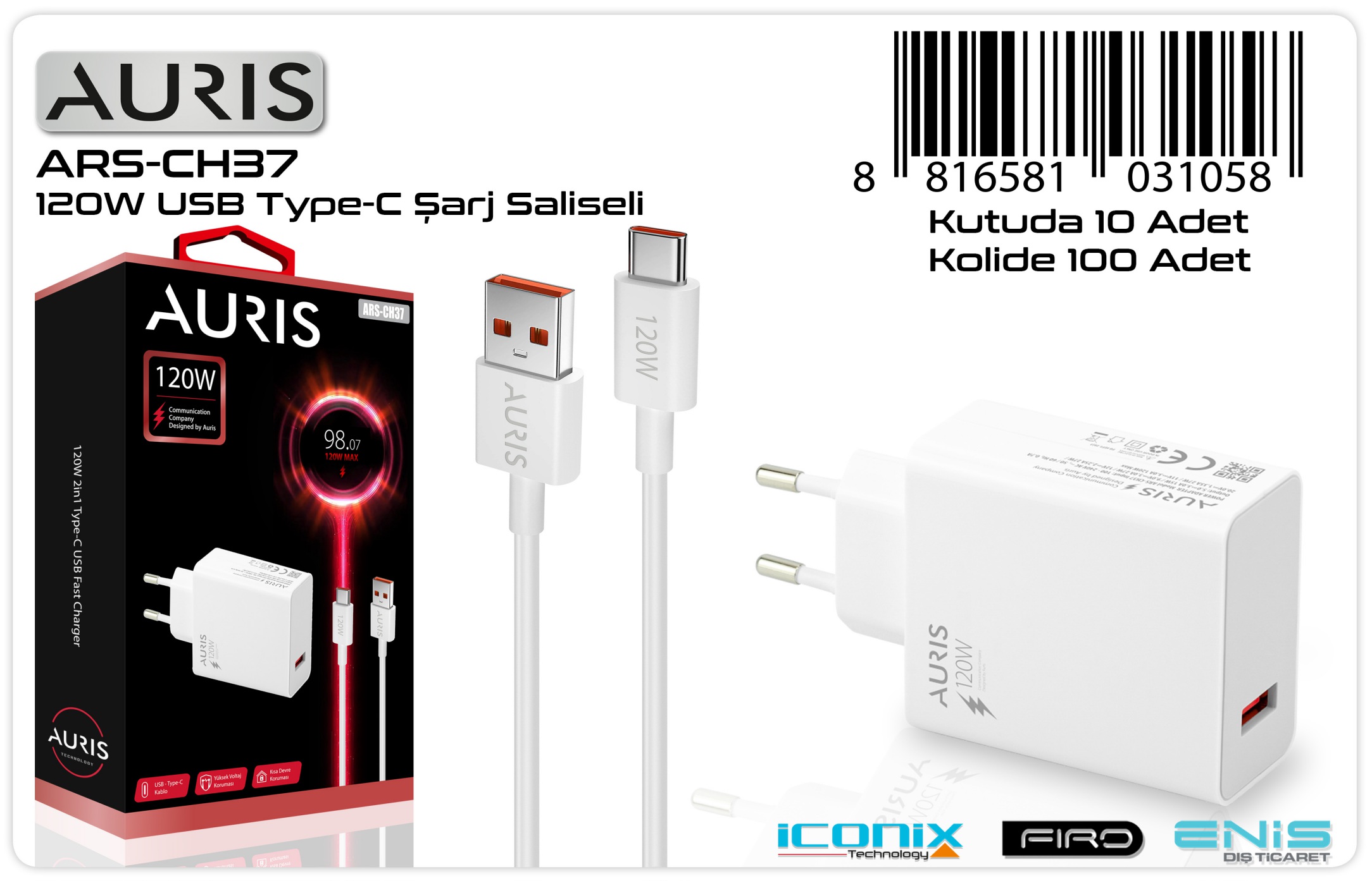 Auris CH37 120W Usb Adaptörlü Saliseli Turbo Hızlı Şarj  Usb Şarj Seti 